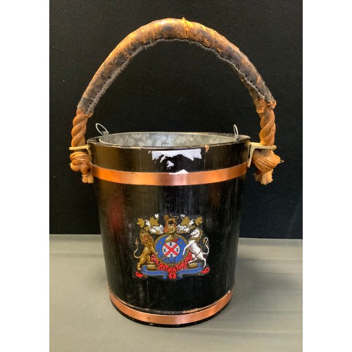 391 - A reproduction Decorative coopered Wooden fire Bucket/coal box, metal liner, with Crest detail, rope... 