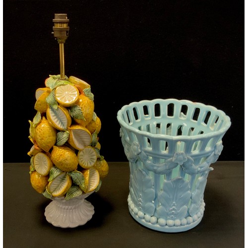 392 - An Italian Majolica table lamp as Topiary Lemons, 34cm high;  Spanish Casasus pierced planter (2)