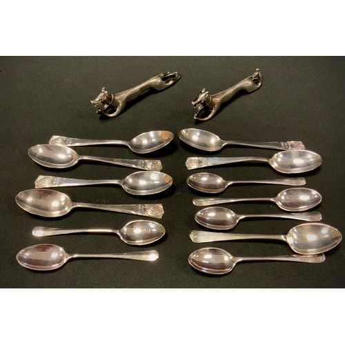 398 - A set of six silver George V jubilee spoons, London 1935;  others, 3.30zt;  pair of silver plated Ho... 