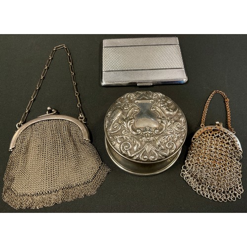 408 - A George V silver niello and chain mesh evening bag, London 1915, 91g;  embossed silver trinket box,... 