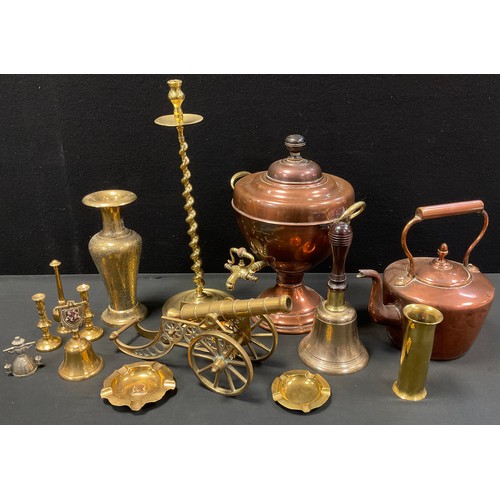 37 - Metalware - copper Samovar, brass candlestick,  trench art shell case vase etc