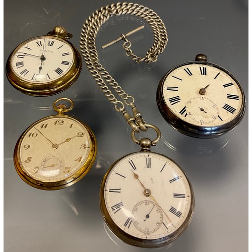 433 - A Victorian silver open face pocket watch, London 1976, suspended from a silver double Albert Chain;... 