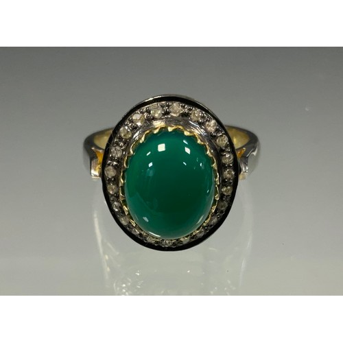 441 - A 19th century style oval diamond and onyx ring, central green onyx oval cabochon, approx 3.95ct, su... 