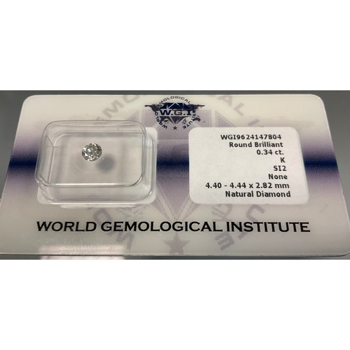 448 - A certified and sealed round brilliant cut diamond, 0.34ct, colour K, clarity SI2, WGI diamond repor... 