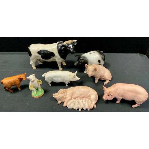 120 - Ceramic animals including Beswick pig, 17cm long, a set of three Aynsley pigs ,Beswick calf; etc