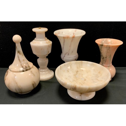 261 - Marble including ovoid vase,18cm high, another similar, 21cm high, bowl on plinth, lidded jar (5)