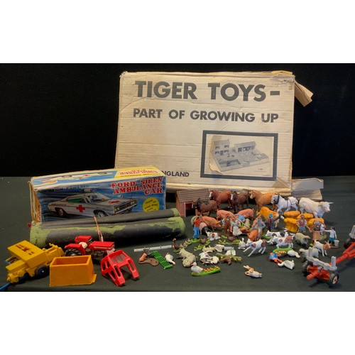 139A - A Tiger Toys farm set, boxed,  Britain's Massey Ferguson tractor,  log wagon, animals etc;    Masuda... 