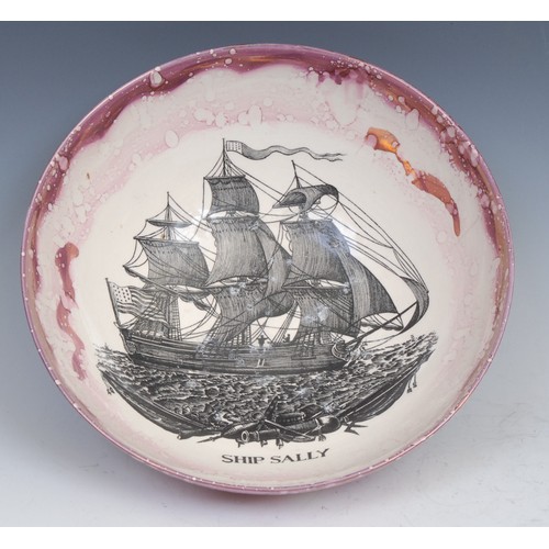 12 - A Sunderland lustre jug, Iron Bridge; two others smaller; a Sunderland lustre bowl, Ship Sally (4)