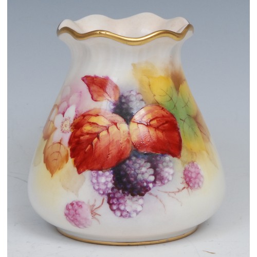 19 - A Royal Worcester ovoid vase, pie crust rim, painted by Kitty Blake, signed, with ripe blackberries ... 
