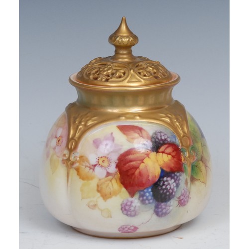 20 - A Royal Worcester lobed ovoid pot pourri vase and cover, painted by Kitty Blake, signed, with ripe b... 