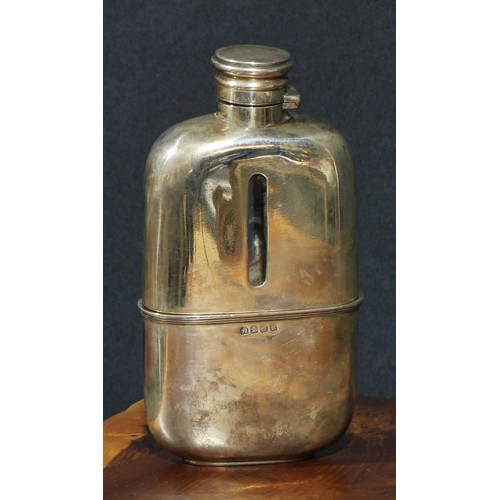 29 - A Victorian silver plated bowed rectangular hip flask, the upper section with level window, pull off... 