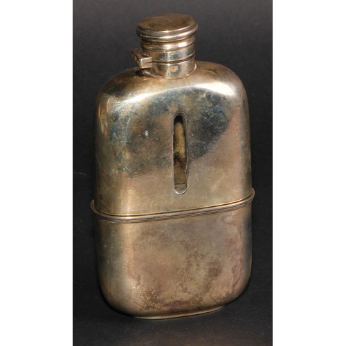 29 - A Victorian silver plated bowed rectangular hip flask, the upper section with level window, pull off... 