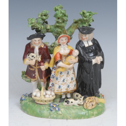 43 - A Derby porcelain Tythe Pig group, with a farmer, his wife and a clergyman with basket of eggs, pigl... 