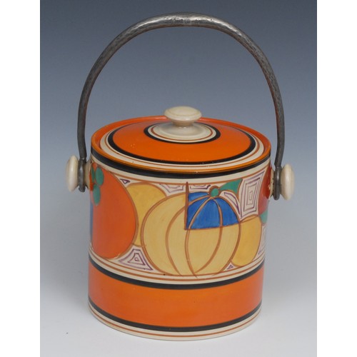 45 - A Clarice Cliff Melon pattern biscuit barrel, orange ground, pewter swing handle, printed mark, 17cm... 