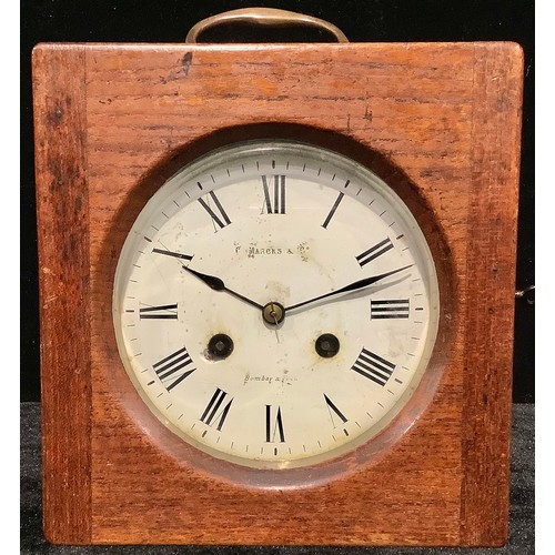 58 - A French drum head travelling alarm clock, F Marcks & Co. Bombay & Paris, glazed aperture, white ena... 