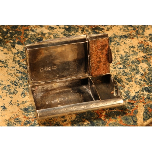 66 - A Victorian silver rounded rectangular combination snuff box and cheroot cutter, hinged covers, engi... 