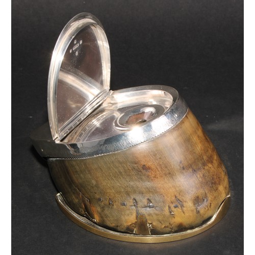 90 - A Victorian Scottish silver mounted taxidermy horse hoof inkwell, formed from a horse's hoof, hinged... 