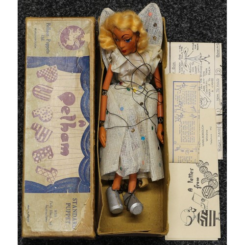 232 - A 1950's Pelham Puppet SL wire winged Fairy, from the SL Range, solid head, blonde faux wavy hair, p... 