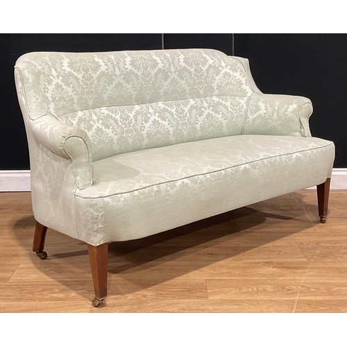 103 - A 19th century mahogany sofa, stuffed over pale green damask upholstery, tapered square legs, cerami... 