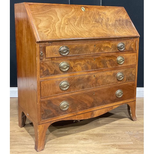 106 - A Regency mahogany bureau, fall front enclosing a writing surface, small drawers, pigeonholes and se... 