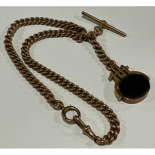 722 - A 9ct gold curb link Albert, t-bar, lobster claw clasp, swivel bloodstone fob, 71.55g gross