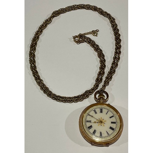 725 - A late Victorian/Edwardian gold coloured metal fob watch, stamped '14K' for 14ct, engraved and chase... 