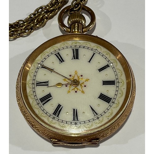 725 - A late Victorian/Edwardian gold coloured metal fob watch, stamped '14K' for 14ct, engraved and chase... 