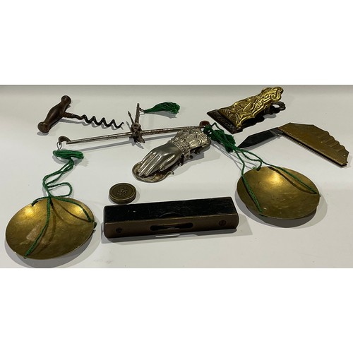 731 - A set of 19th century hand balance scales; late 19th century document clips; a penknife, modelled as... 