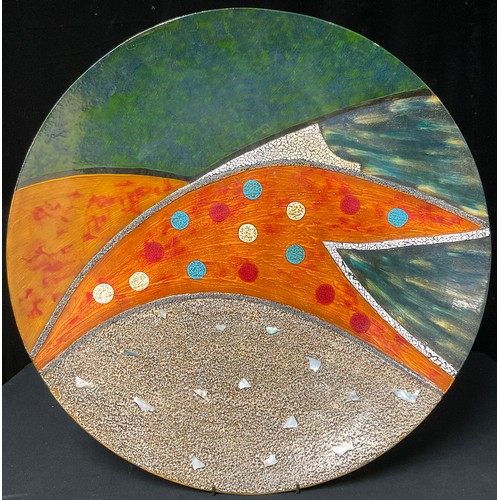 733 - Interior Design - a large mid 20th century circular wall plaque, contemporary design inlaid with mot... 