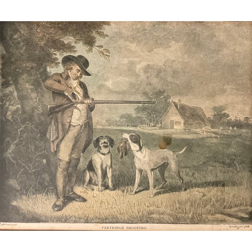 735 - A set of four game shooting prints, 19th century, Snipe Shooting, Partridge Shooting, a pair Duck Sh... 