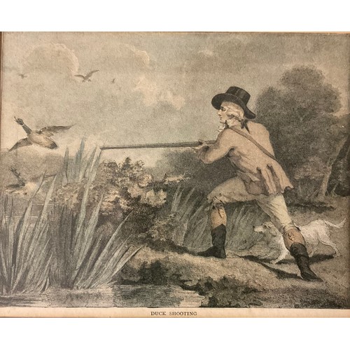 735 - A set of four game shooting prints, 19th century, Snipe Shooting, Partridge Shooting, a pair Duck Sh... 