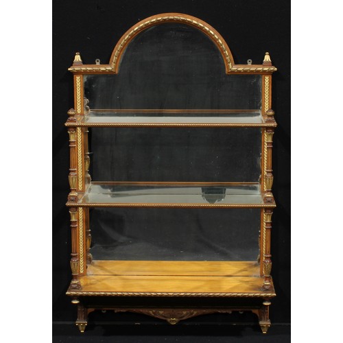 112A - A late Victorian Sheraton Revival parcel gilt satinwood connoisseur's wall hanging open display vitr... 