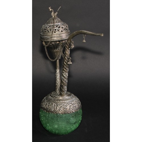 740 - An Indian silver coloured metal hookah, pierced and chased with leafy scrolls and lotus, the cover w... 