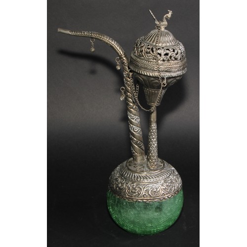 740 - An Indian silver coloured metal hookah, pierced and chased with leafy scrolls and lotus, the cover w... 