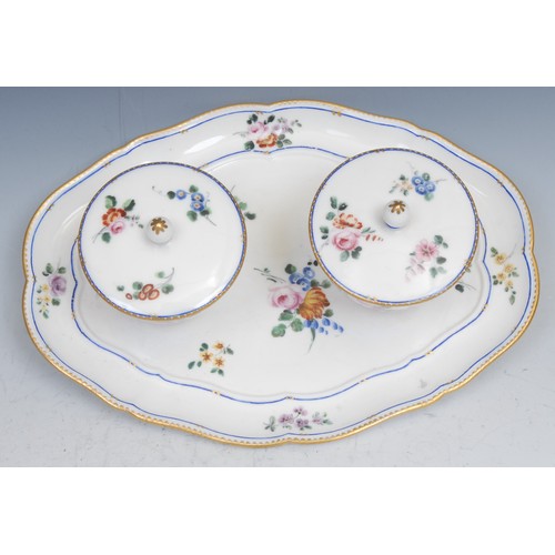 741 - A Sevres double plateau a deux pots de confitures, painted with colourful flowers under blue line bo... 