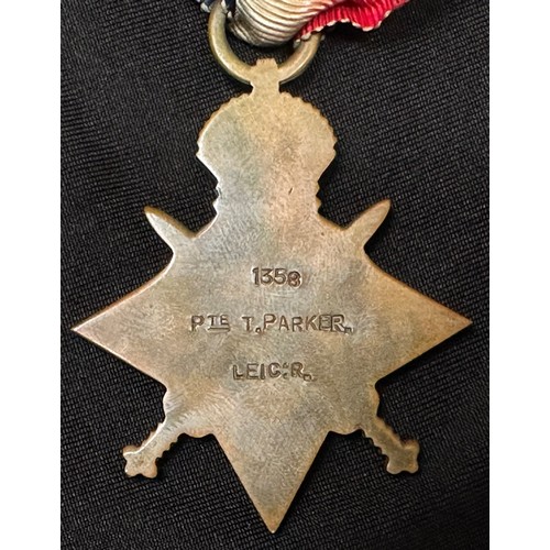 2001 - WW1 British 1914-15 Star and British War Medal to 1358 Pte T Parker, Leicestershire Regt. Along with... 