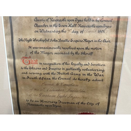 2048 - Boer War Newcastle Upon Tyne Freedom of the City Scroll presented to Private W Douglass, 5th Volunte... 