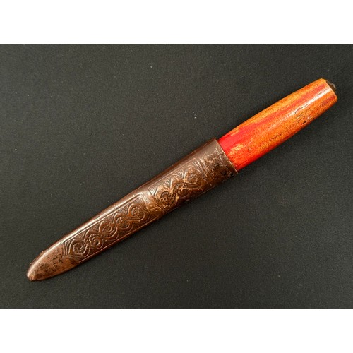 2054 - Finnish Puukko Knife with single edged blade 100 mm in length. No makers marks. Red wood handle. Ove... 