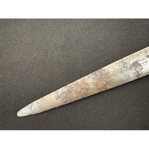 2056 - Dagger with double edged blade 260 mm in length. Blade decorated with punch mark patterns. Brass gri... 