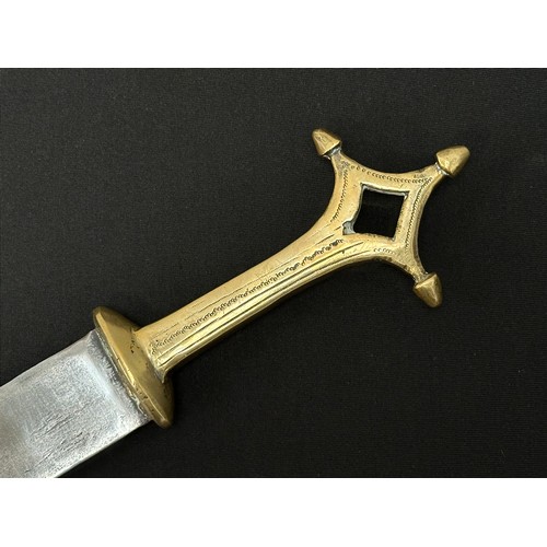 2060 - Dagger with double edged blade with punch mark decoration, 364mm in length. Cast brass grip. Overall... 