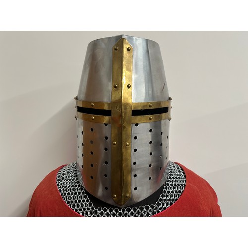 2065 - Replica 12th/13th Century Haubergeon Chain Mail Suit of Armour along with Great Helmet in steel with... 