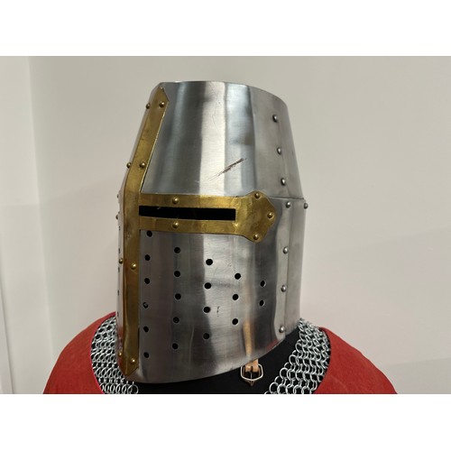 2065 - Replica 12th/13th Century Haubergeon Chain Mail Suit of Armour along with Great Helmet in steel with... 