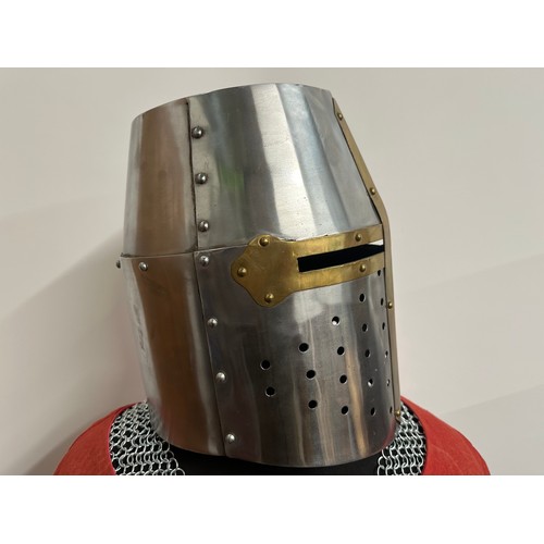 2065 - Replica 12th/13th Century Haubergeon Chain Mail Suit of Armour along with Great Helmet in steel with... 