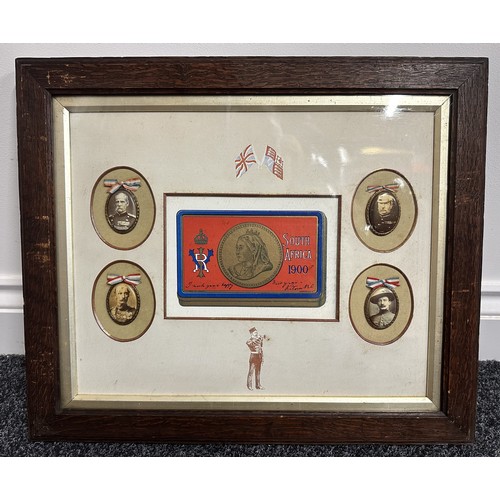 2067 - British Boer War framed display showing a printed copy of the Queen Victoria gift tin surrounded by ... 