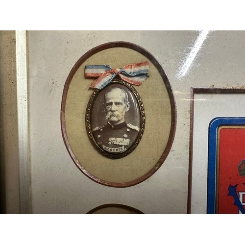 2067 - British Boer War framed display showing a printed copy of the Queen Victoria gift tin surrounded by ... 