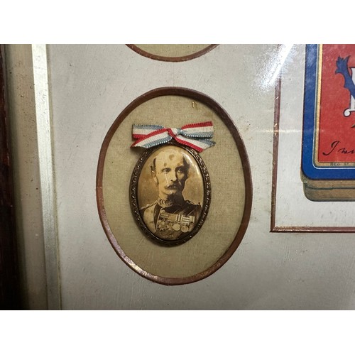 2067 - British Boer War framed display showing a printed copy of the Queen Victoria gift tin surrounded by ... 