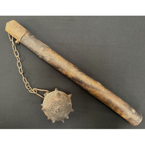 2072 - Morning Star with cast iron studded ball affixed to a chain with 400mm long wooden handle. Victorian... 