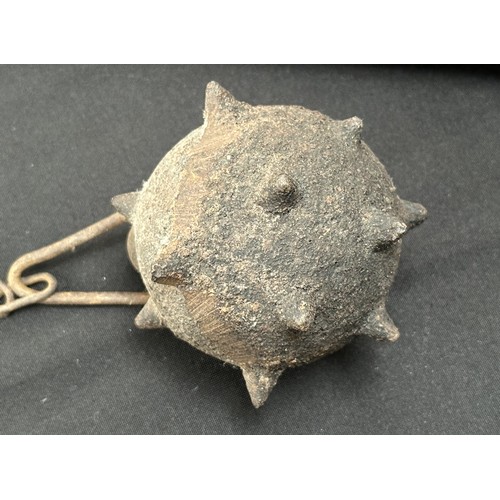 2072 - Morning Star with cast iron studded ball affixed to a chain with 400mm long wooden handle. Victorian... 