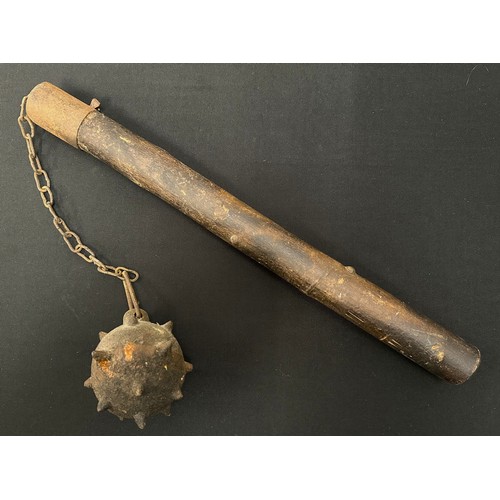 2072 - Morning Star with cast iron studded ball affixed to a chain with 400mm long wooden handle. Victorian... 