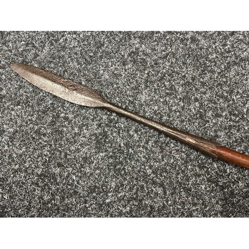 2073 - 19th Century African Short Spear 1360mm in length. Double edged iron point 125mm in length.